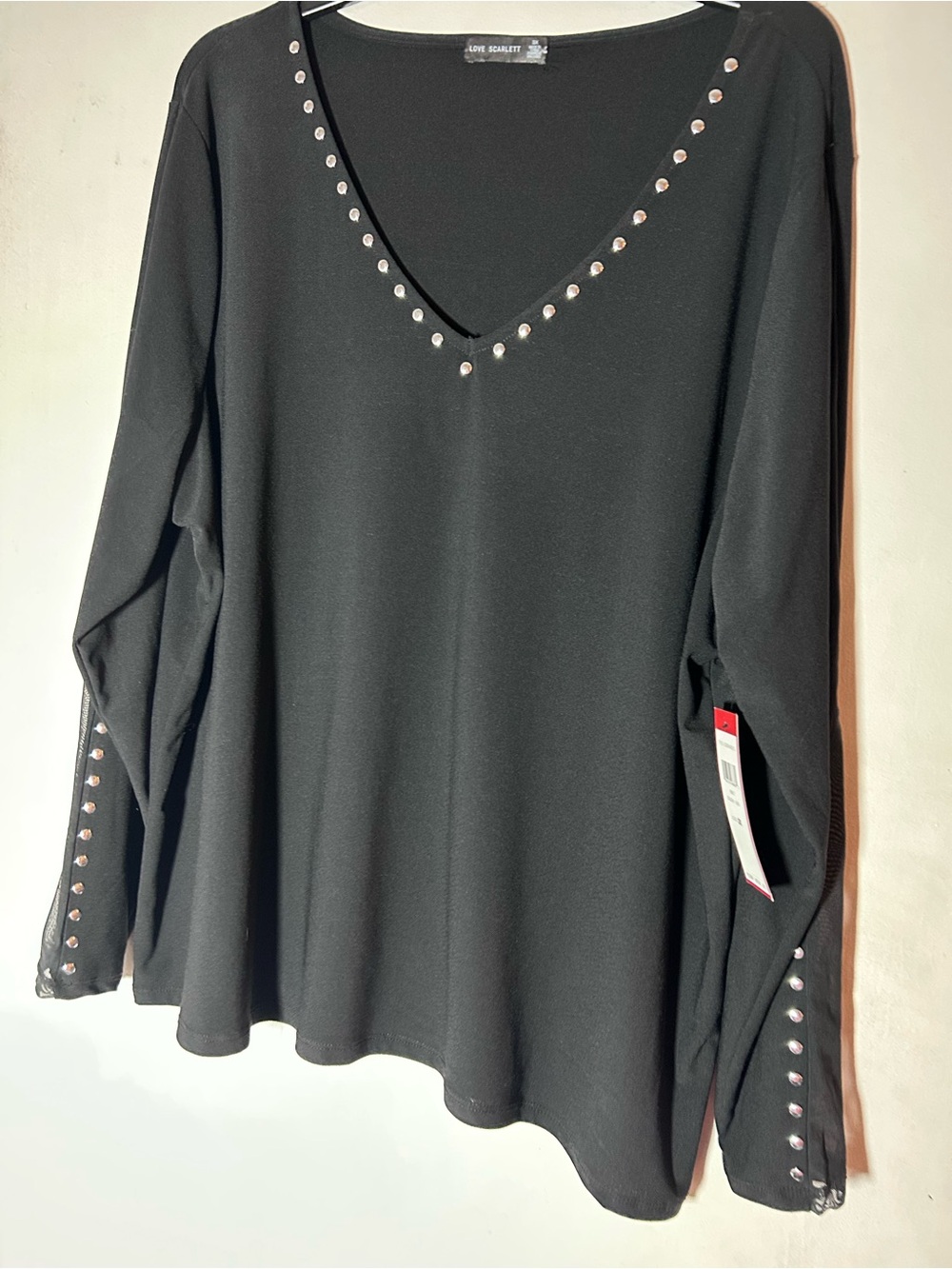 Love Scarlett Black V-Neck Long Sleeve Top with Silver Stud Accents